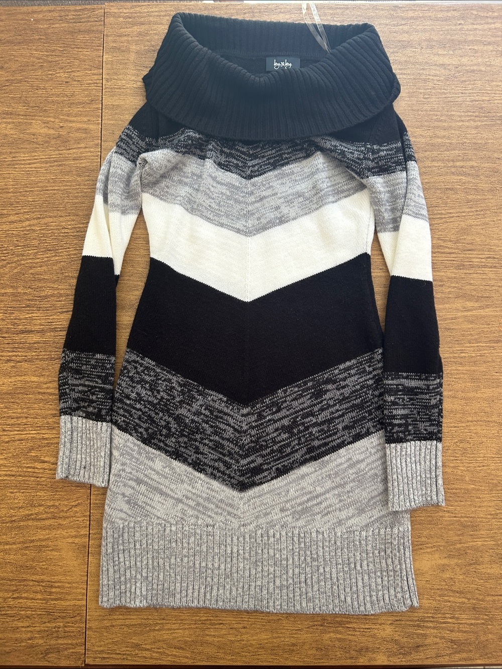 by & by Black, Gray & Cream Chevron Cowl Sweater Dress